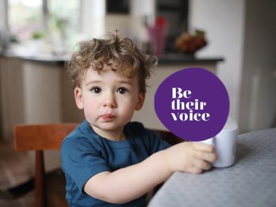 Little boy next to text reading 'Be their voice'.